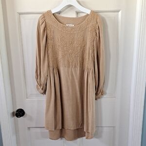 Solitaire Embroidered Boho Peasant Puffed Sleeves Dress Tunic Lightweight Beige